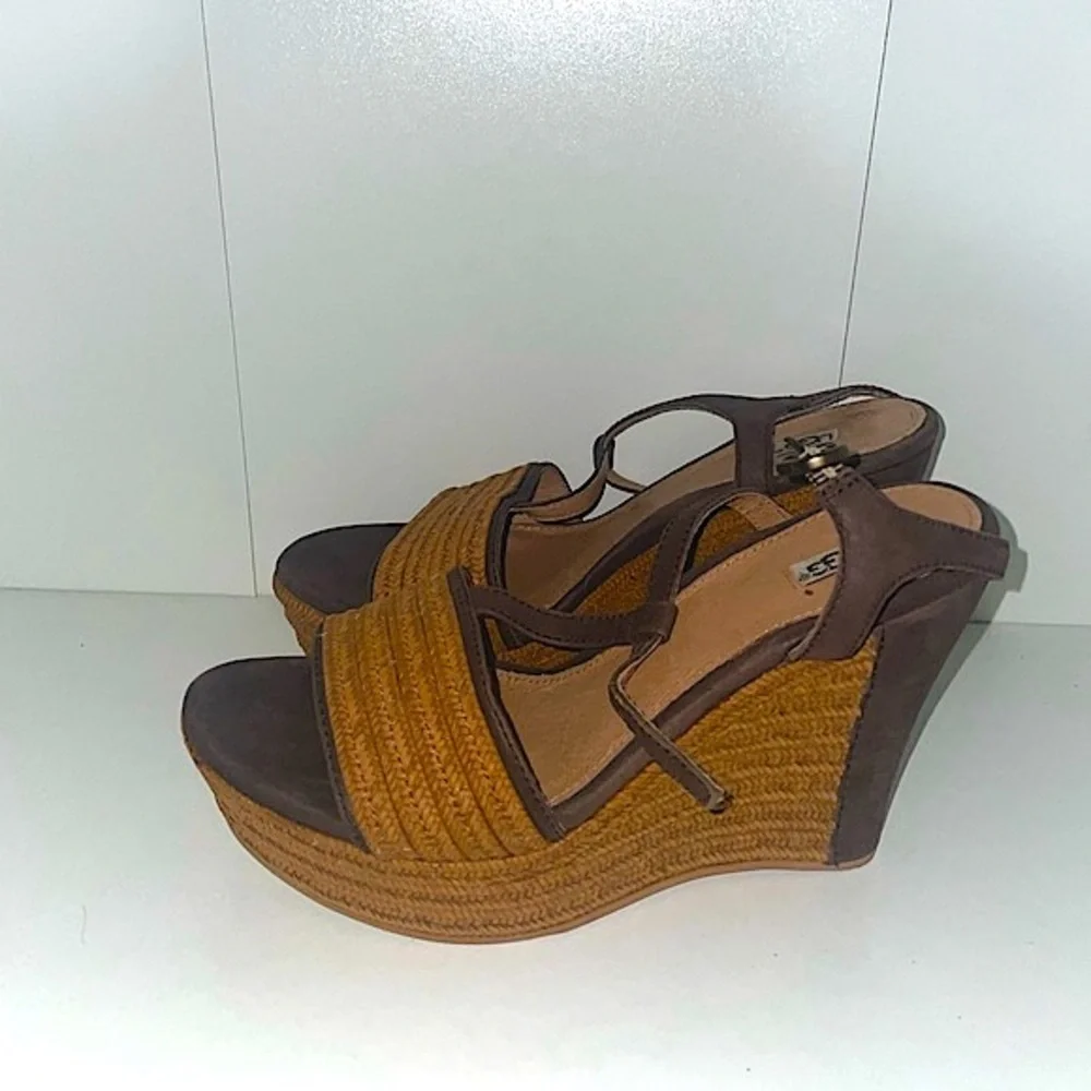 Ugg edges woven wedges brown summer wedges ankle strap heels